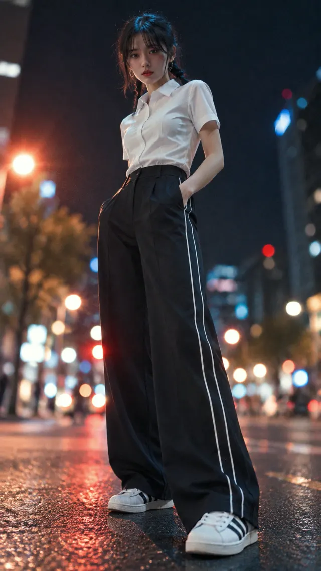 흰 셔츠에 라인 와이드 슬랙스