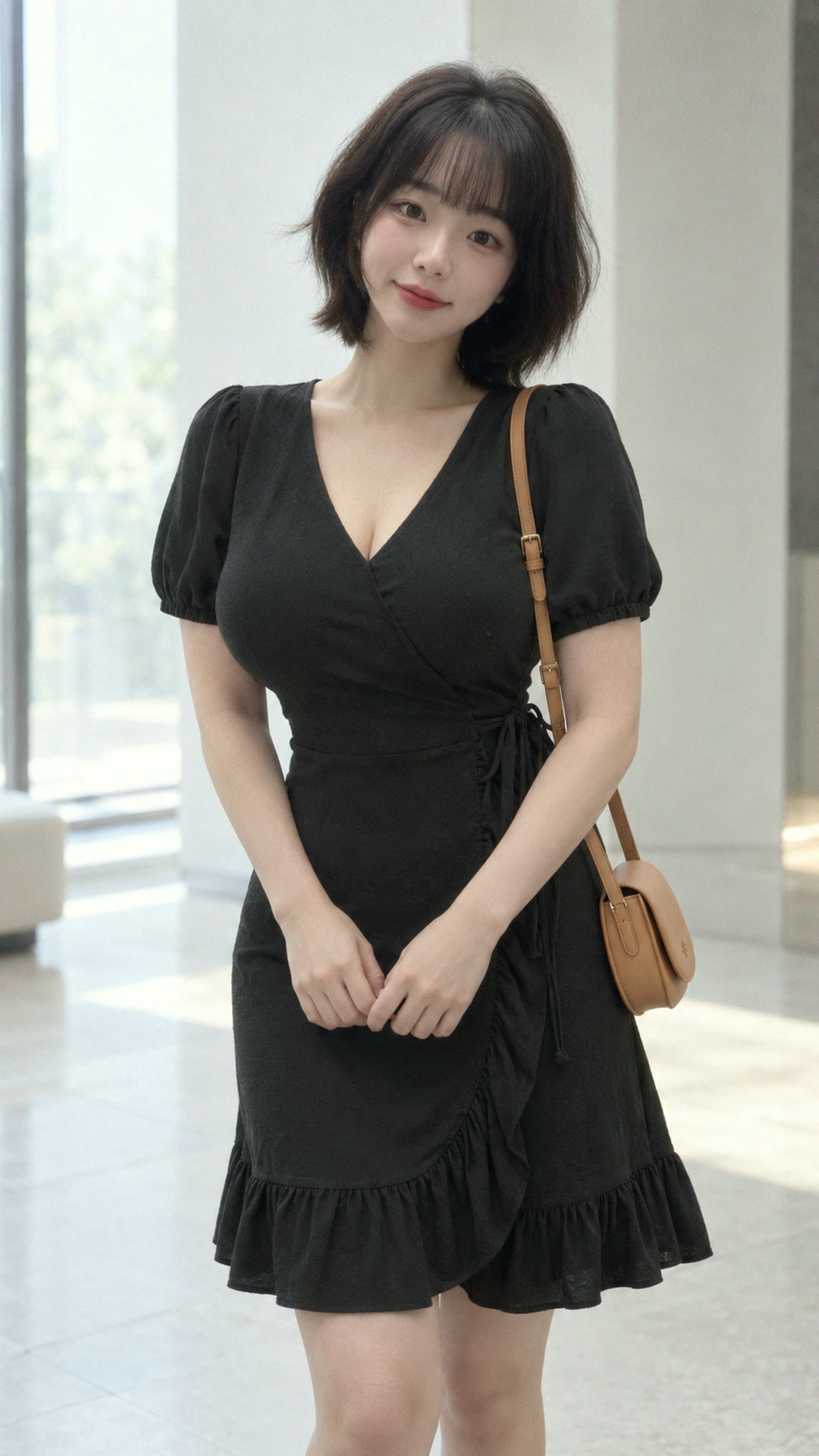검정 랩원피스에 탄 미니백 1