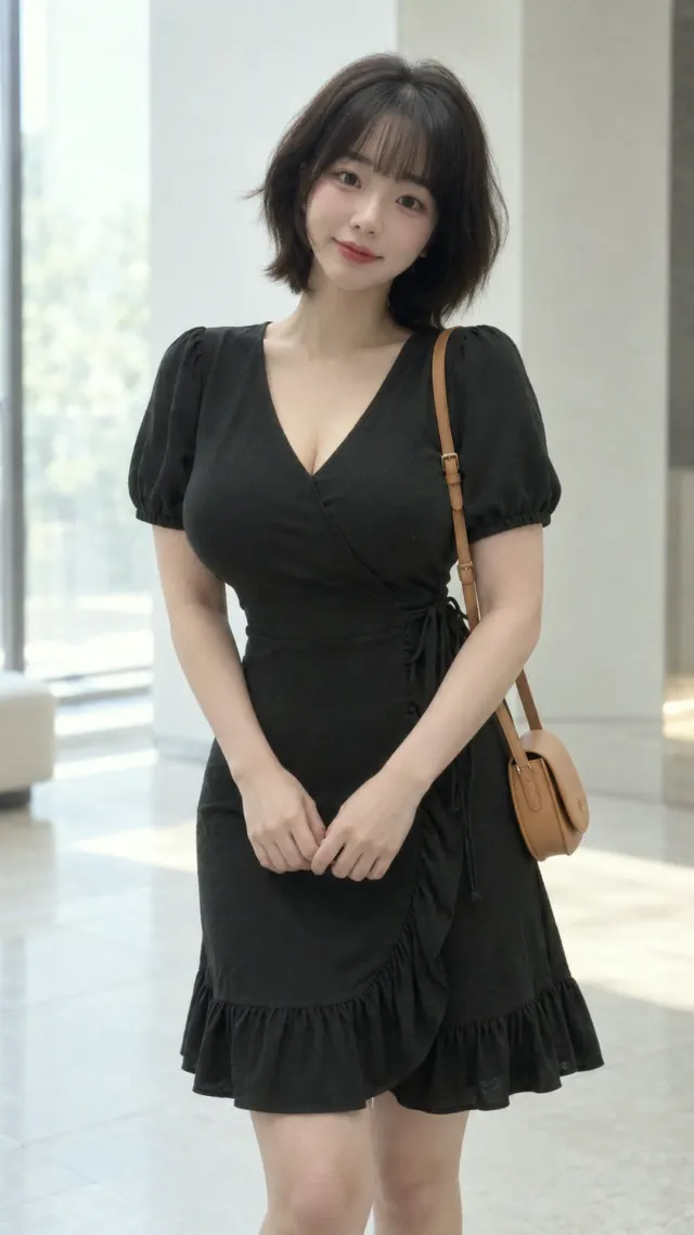 검정 랩원피스에 탄 미니백