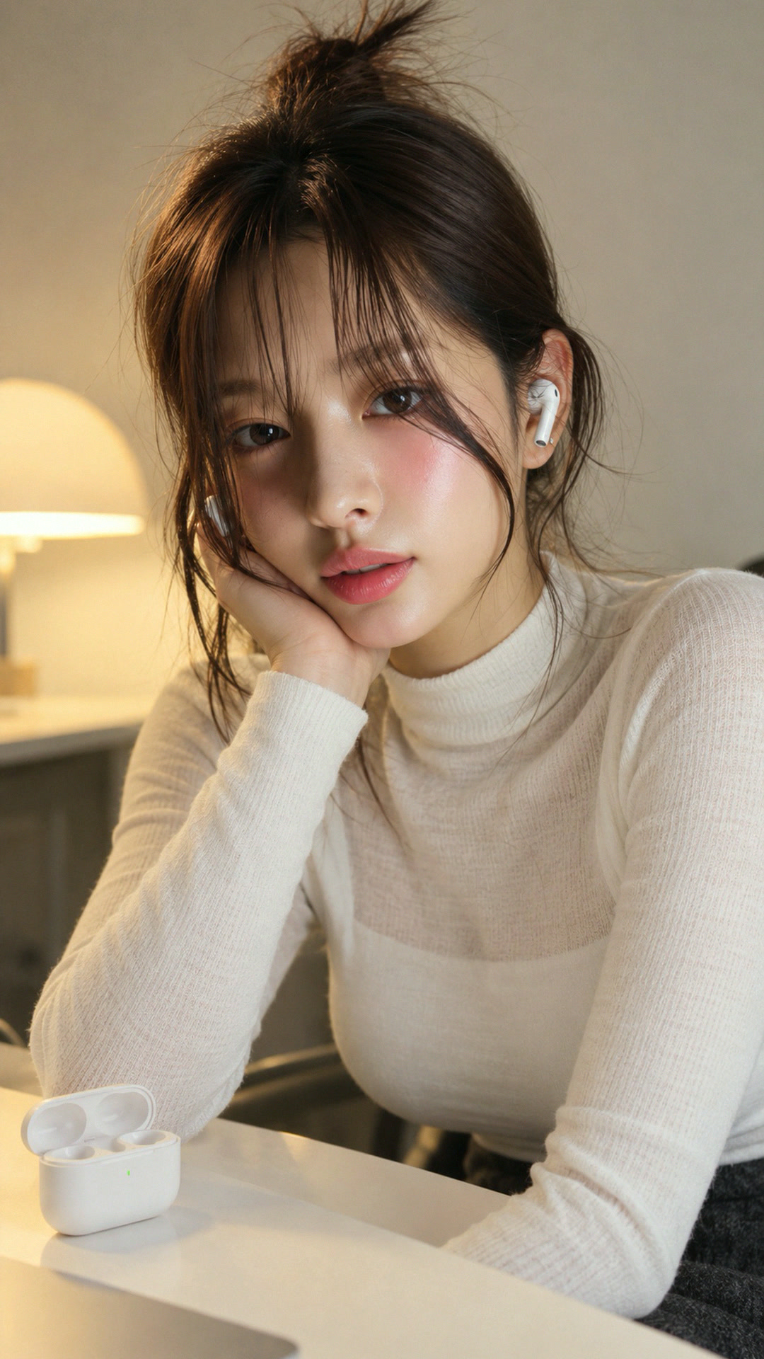 흰 폴라 니트에 흰 이어폰 1