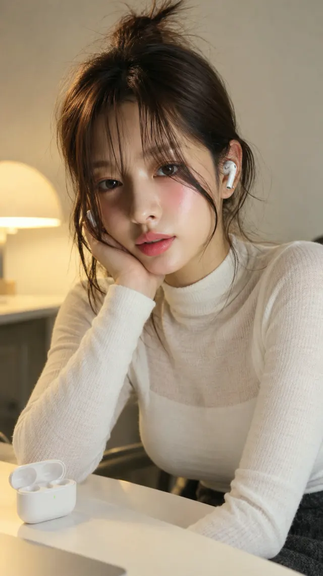 흰 폴라 니트에 흰 이어폰