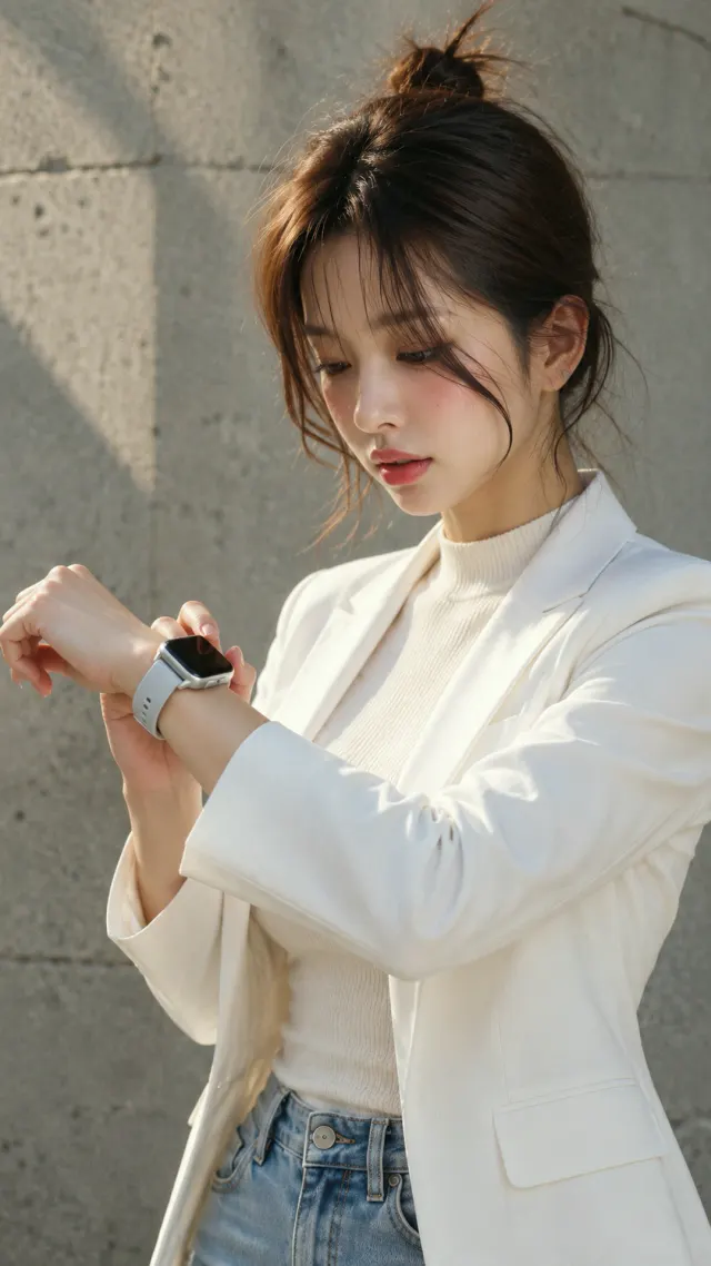 흰 정장 자켓에 손목 위 스마트워치
