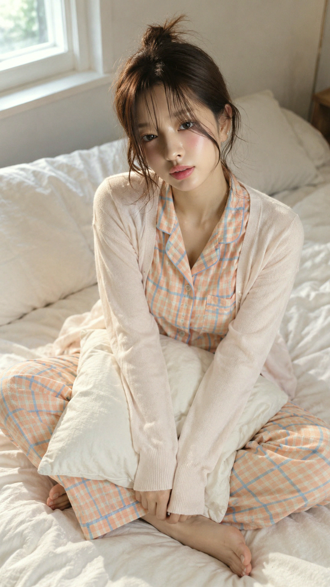 체크 파자마 위에 연분홍 가디건 2