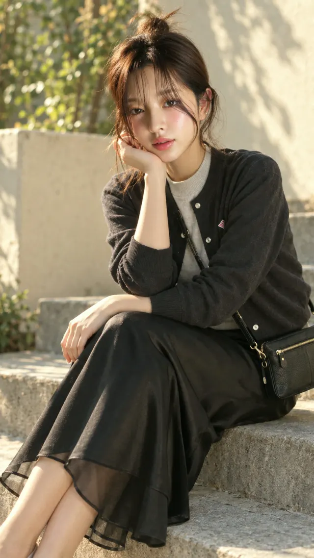 도트버튼 가디건에 새틴 머메이드 스커트